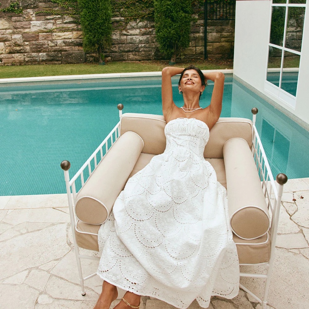 Strapless White Eyelet Midi Dress